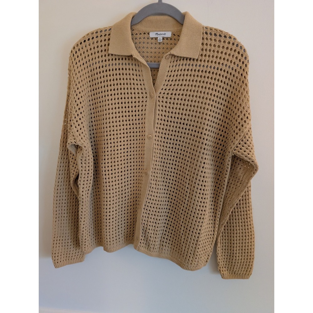 Madewell Tan Open-Stitch Polo Cardigan Sweater Cotton Medium sunset beach